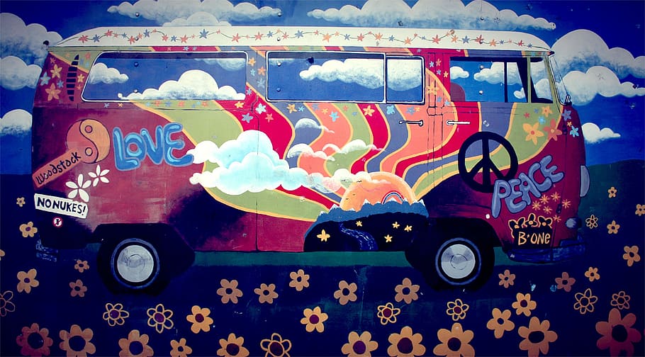 multicolored, floral, volkswagen vehicle, hippie, van, vw camper, art, love, peace, flower power