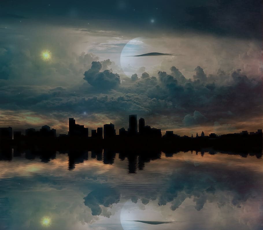 foto del horizonte, edificios, universo, horizonte, planetas, estrellas, galaxia, ciudad, planeta, espacio