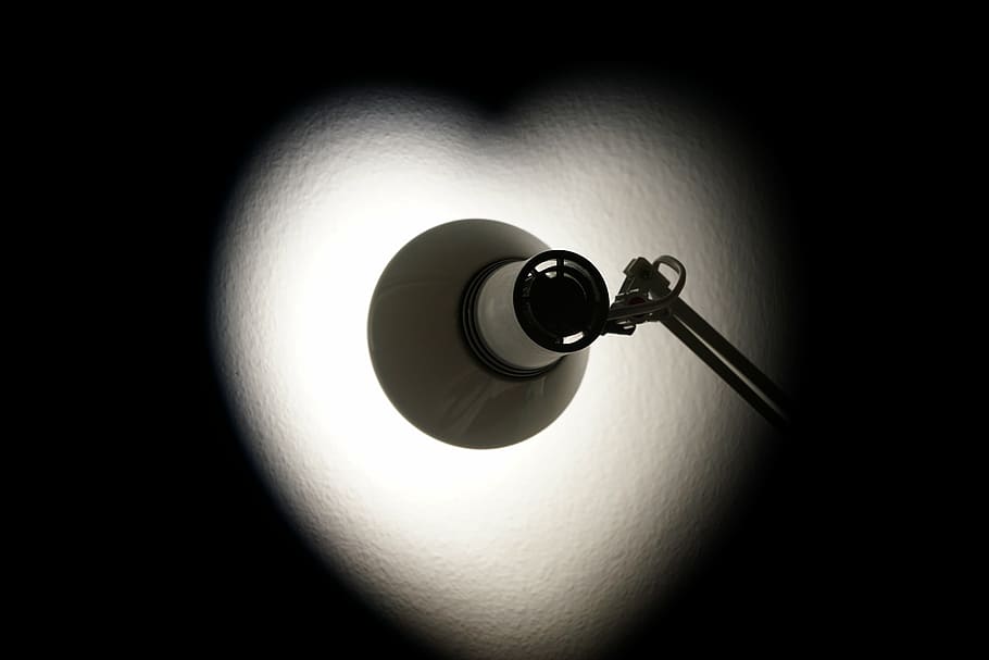 black study lamp, lamp, spot, light, heart, indoors, lighting equipment, shadow, illuminated, electric lamp
