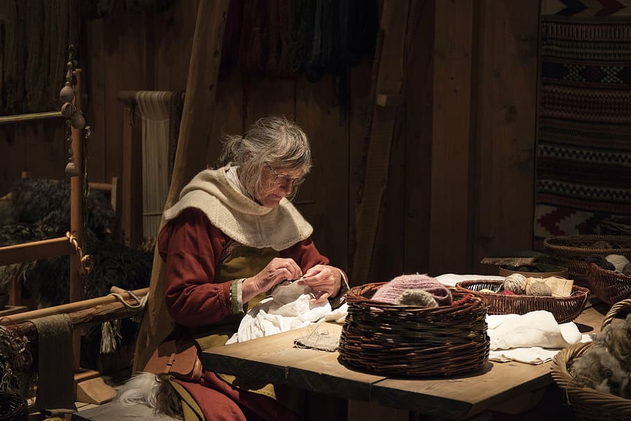 woman stitching, white, textile, viking, norway, medieval, sewing, people, senior Adult, cultures