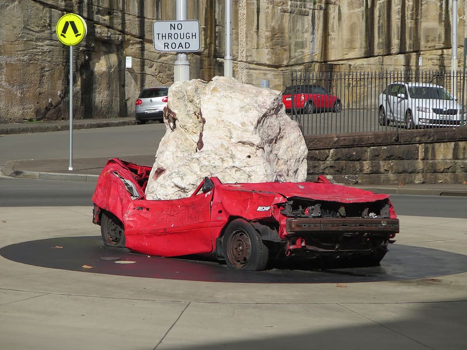 red, coupe, smashed, gray, boulder, concrete, road, Car Crash, Stone, Hit