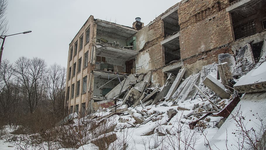 arruinar, escola, construção, demolição, Pripyat, Chernobyl, destruição, neve, zona de exclusão, inverno