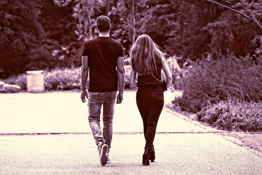 man, woman, walking, road, person, people, couple, two, together, side by side
