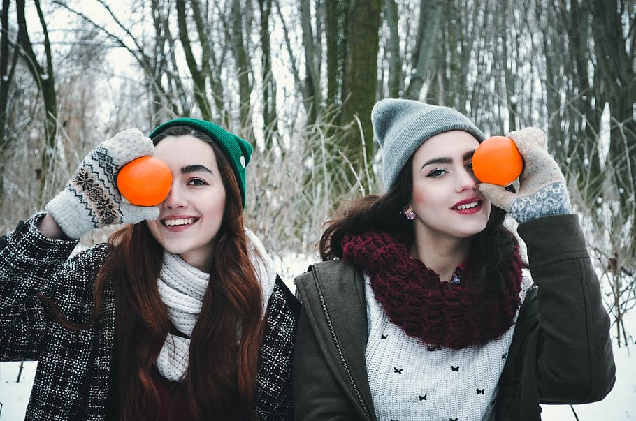 two, women, holding, orange, fruits, forest, girls, model, portrait, beauty