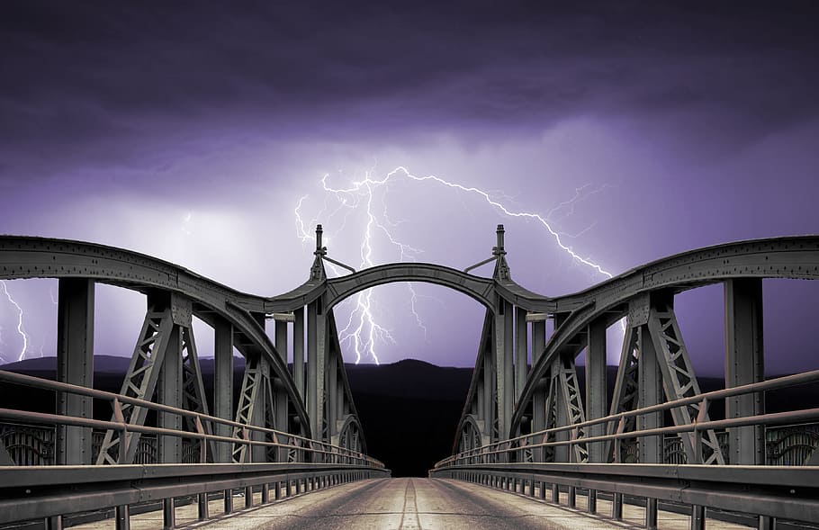 grey, metal suspension bridge, cloudy, skies, lightnings, bridge, lightning, dark, clouds, night