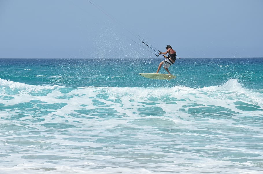 man on parasailing, man, holding, water, surfing, sea, people, sport, kitesurfing, ocean