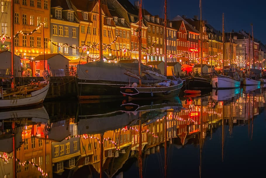 sailboat on dock, nyhavn, denmark, city, urban, buildings, shops, stores, christmas, lights