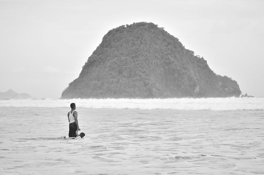 Hombre, de pie, orilla del mar, isla, humano, niño, familia, playa, gente, amor