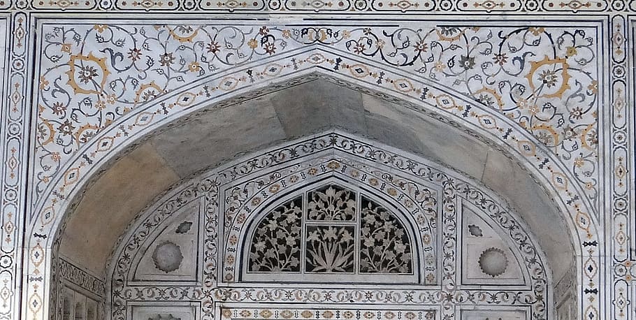 black, gray, floral, concrete, doorway, interior, marble inlay, precious stones inlaid, agra fort, musamman burj