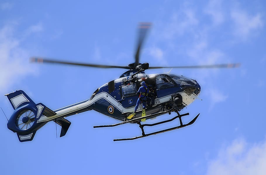 helicopter, national gendarmerie, rescue, frogman, flight, demonstration, sky, blue, low angle view, nature