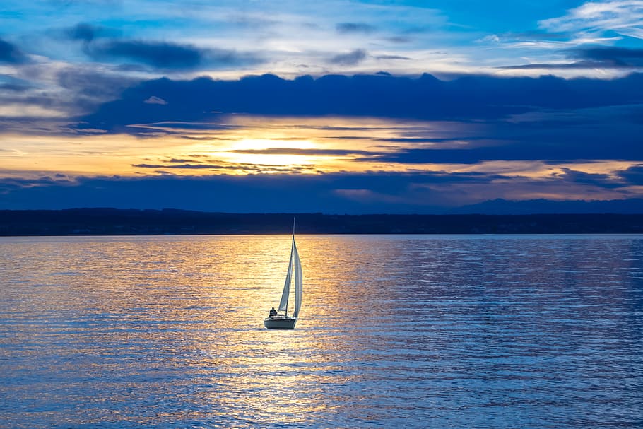 landscape photography, sailboat, body, water, dusk, sailing boat, lake, sailing, boot, sail