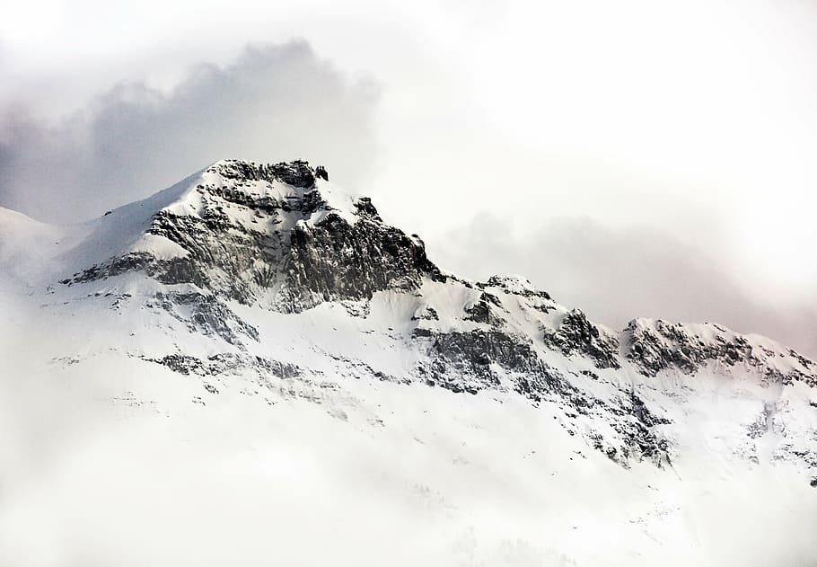 montaña, nublado, cielo, fotografía, nevado, durante el día, montañas, acantilado, rocas, nieve
