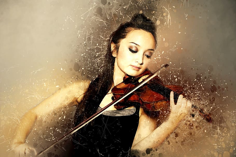 woman, wearing, black, spaghetti-strap, top, playing, brown, violin, solo violinist, artist