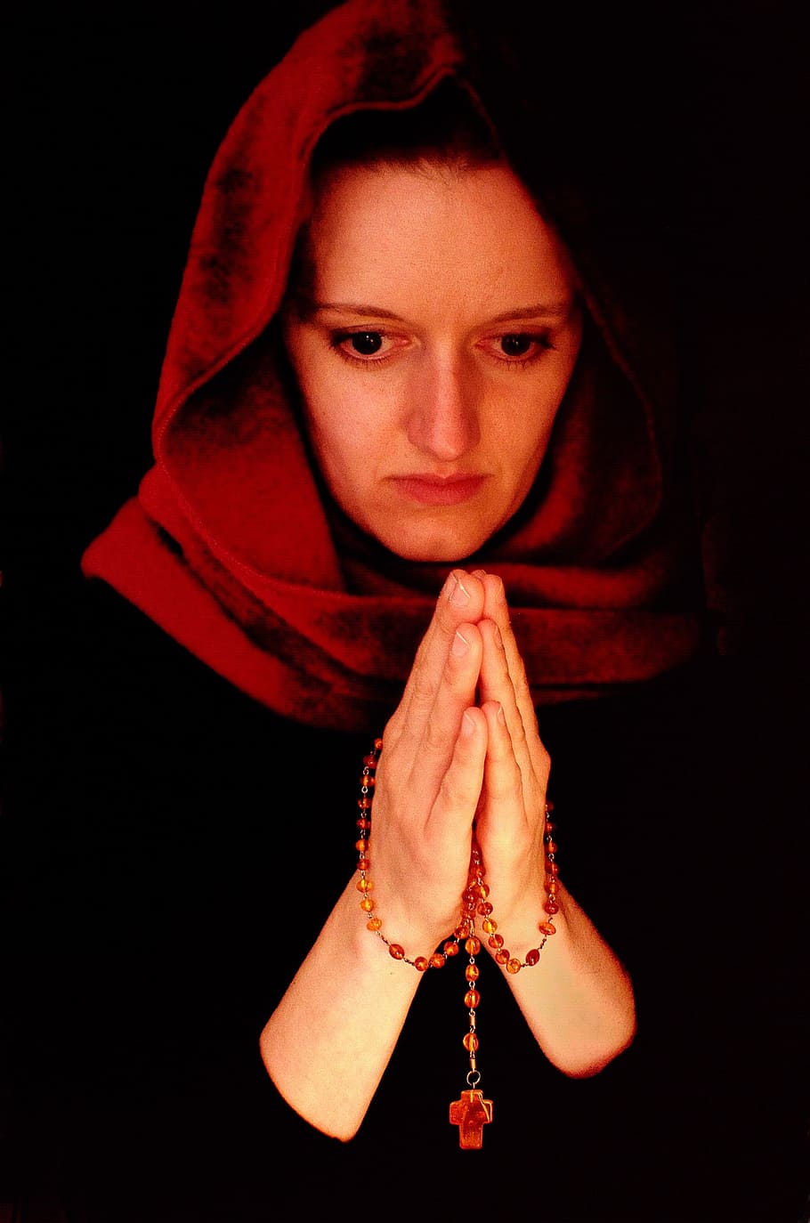 woman, praying, holding, prayer beads, people, prayer, religion, portrait, cross, wishes