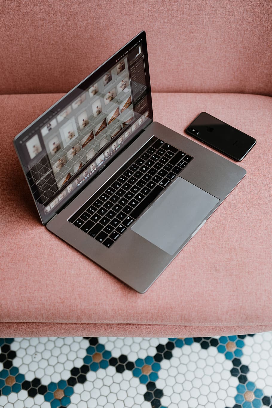 laptop, pink sofa, mobile phone, phone, macbook pro, MacBook Pro 15, iphone x, mobile, tech, technology