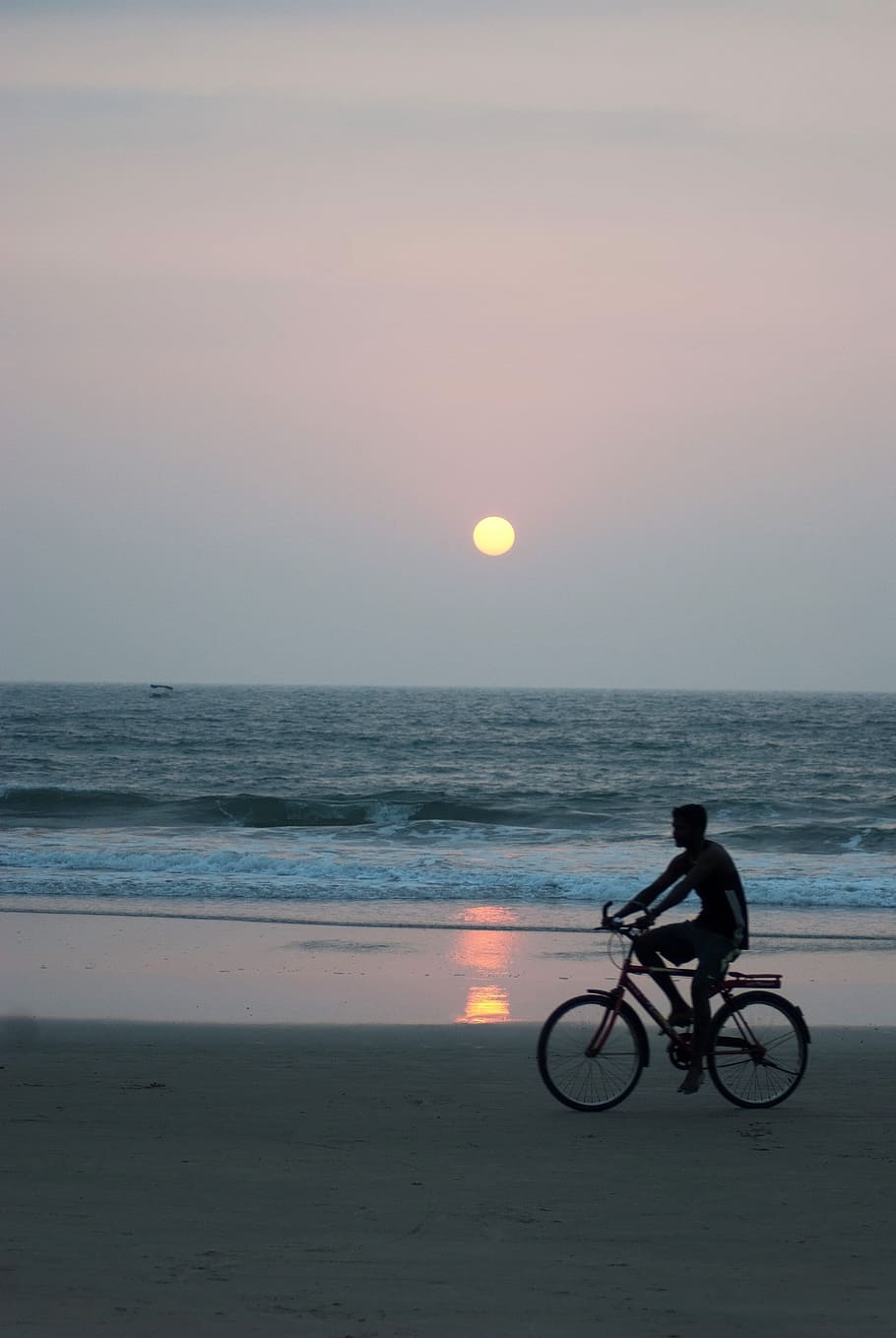 silhouette, man, riding, bicycle, wide, ocean, sunset, beach, moonlight, seascape