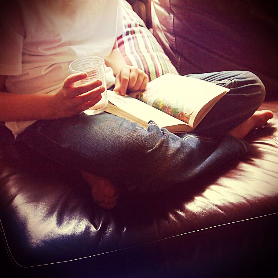 drinking, boy, bank, read, at home, cosy, satisfied, book, publication, real people