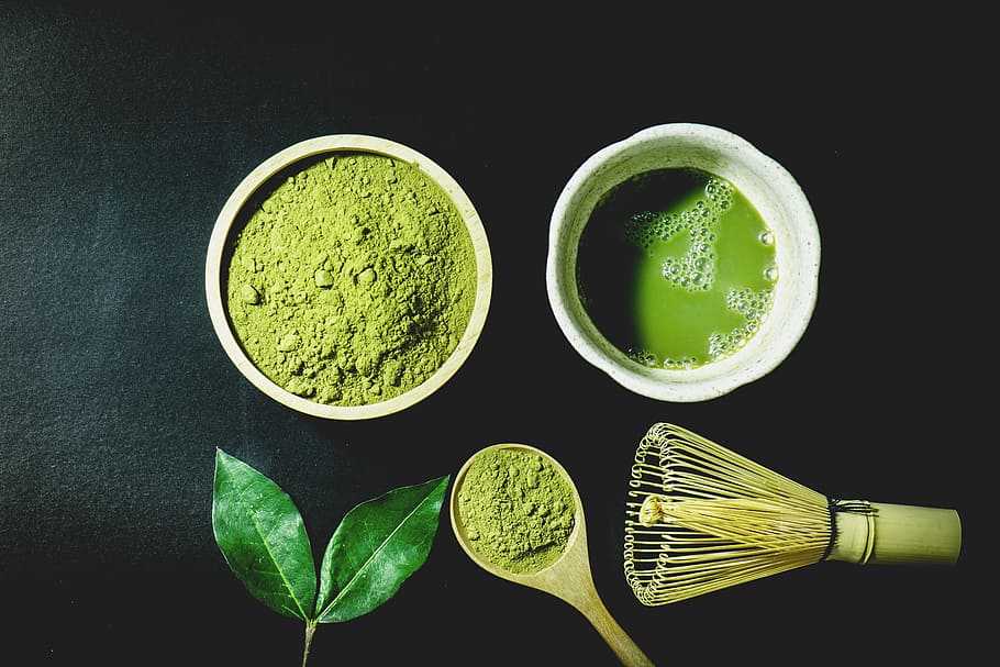 verde, té, blanco, cerámico, tazón de fuente, té verde, matcha, poder, japonés, ingrediente