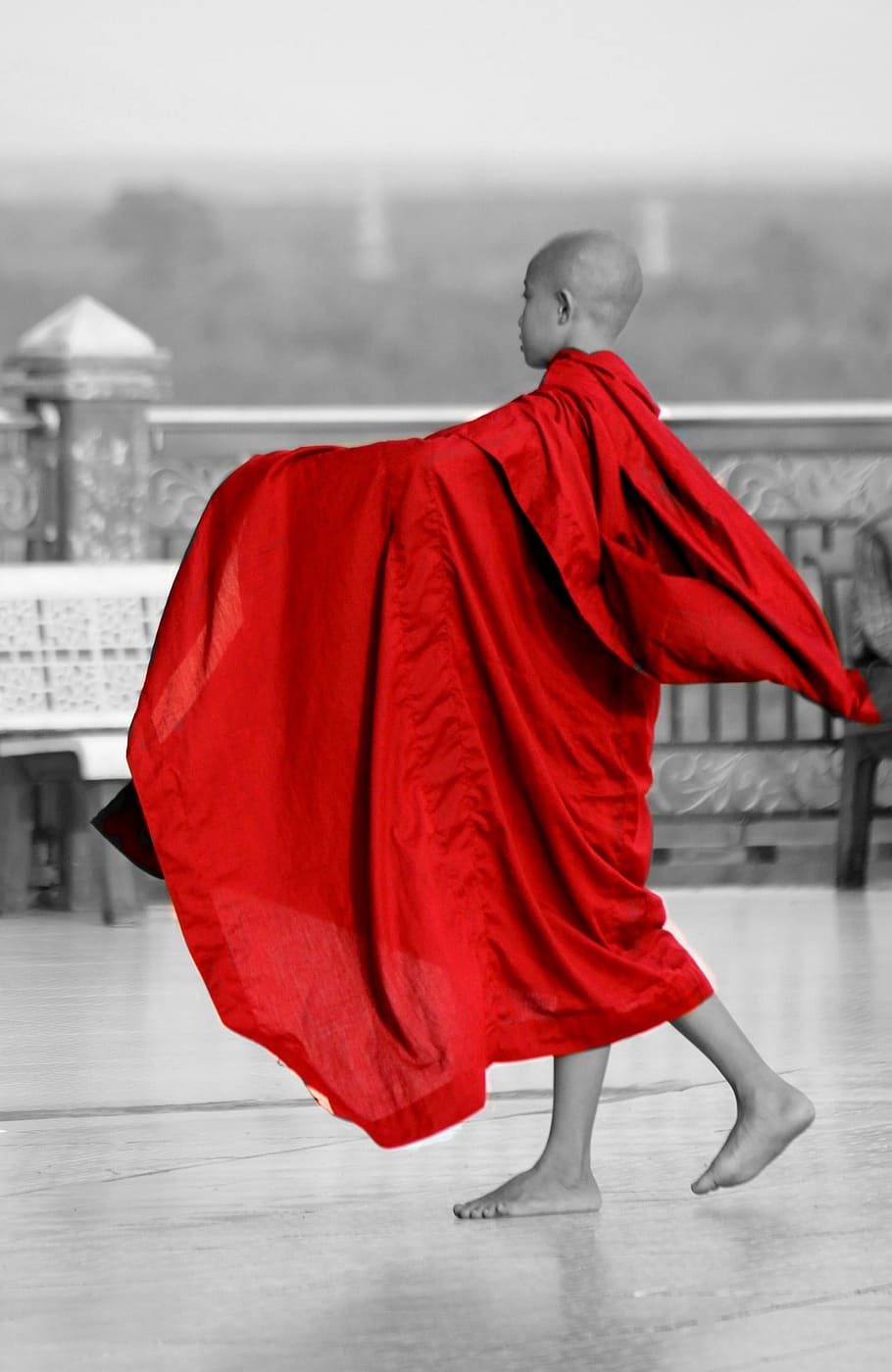 monk, burma, myanmar, buddhist, human, red, full length, focus on foreground, religion, belief