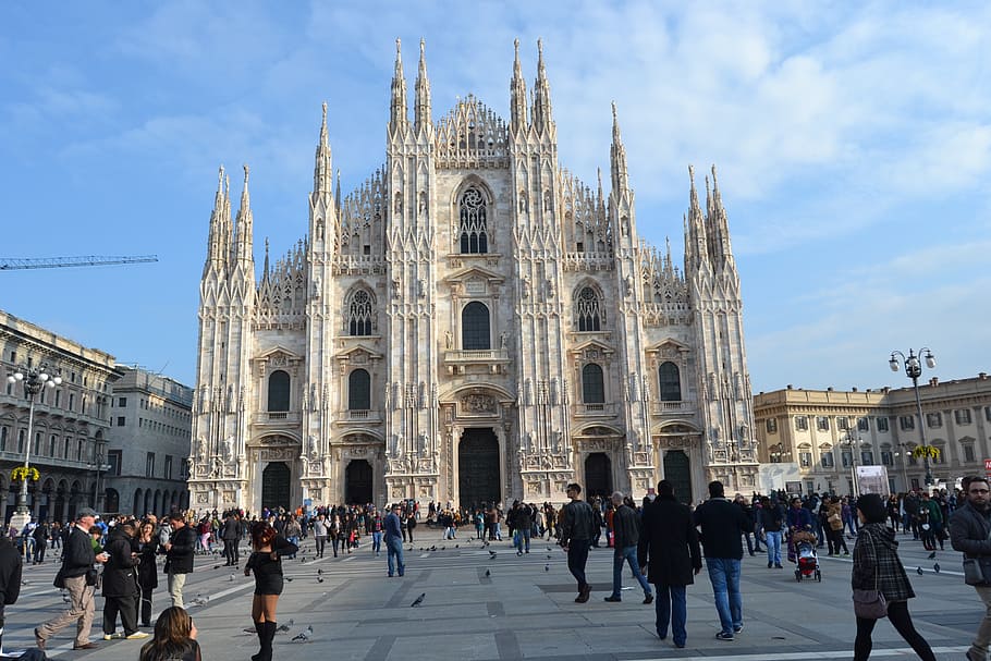 lote de pessoas, frente, branco, concreto, catedral, itália, Milão, catedral de Milão, gótico, histórico