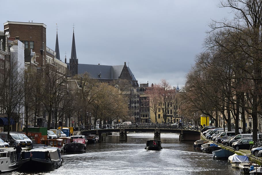 amsterdam, channels, city, dutch, bridge, boats, building exterior, architecture, built structure, transportation