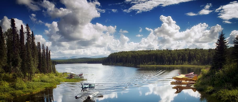landscape photo, white, boat, body, water, alaska, talkeetna, fish lake, reflections, seaplane