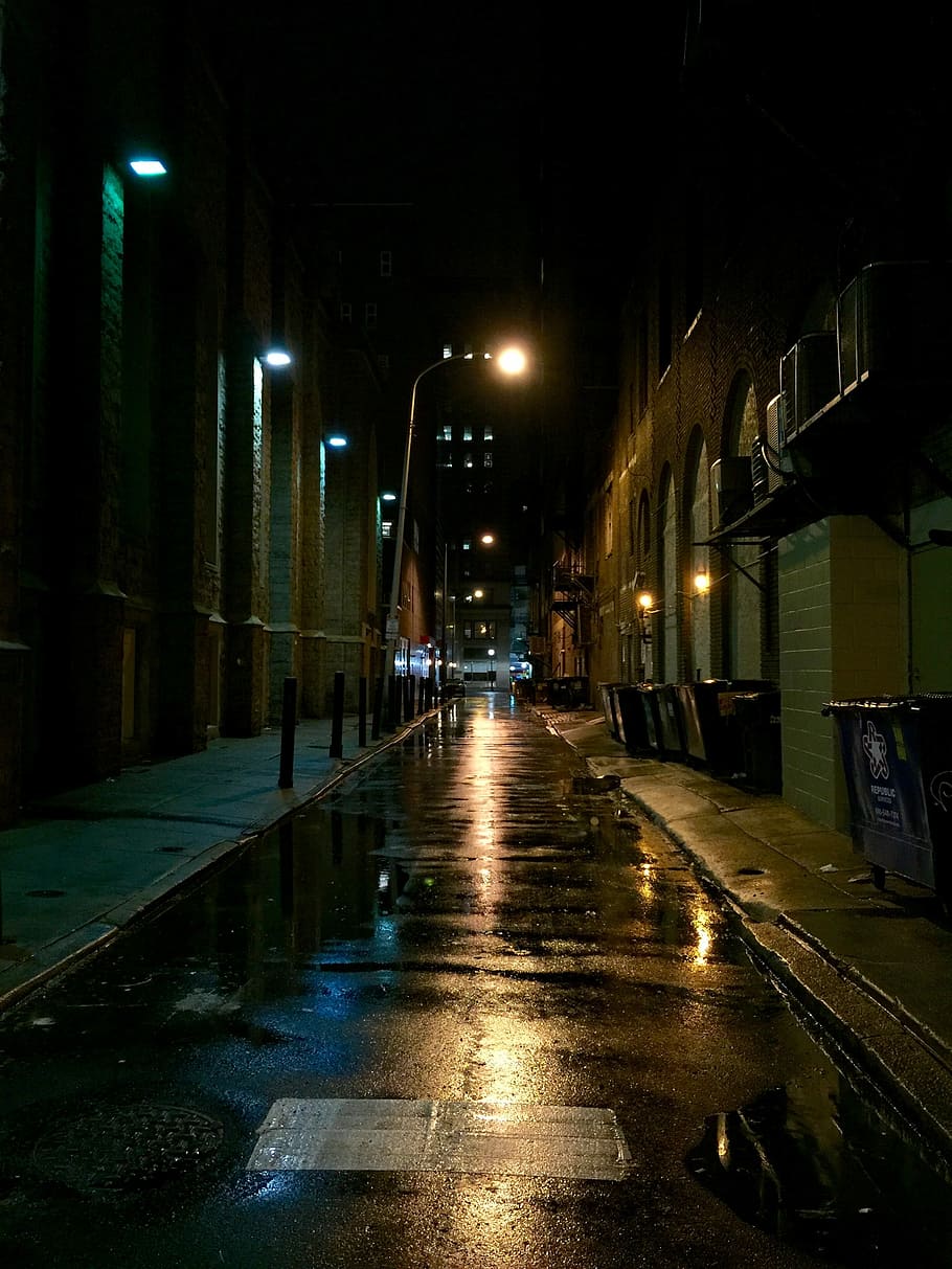 Jalan, Malam, Kota, kota di malam hari, malam kota, jalan kota, diterangi, hujan, basah, lampu jalan