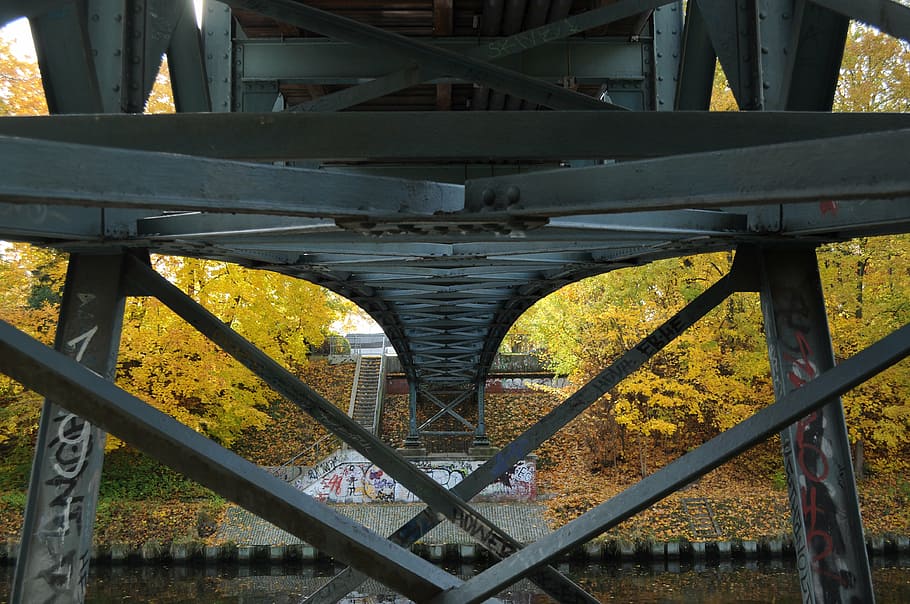 bridge, under the bridge, architecture, germany, autumn, steel, blue, yellow, graffiti, built structure
