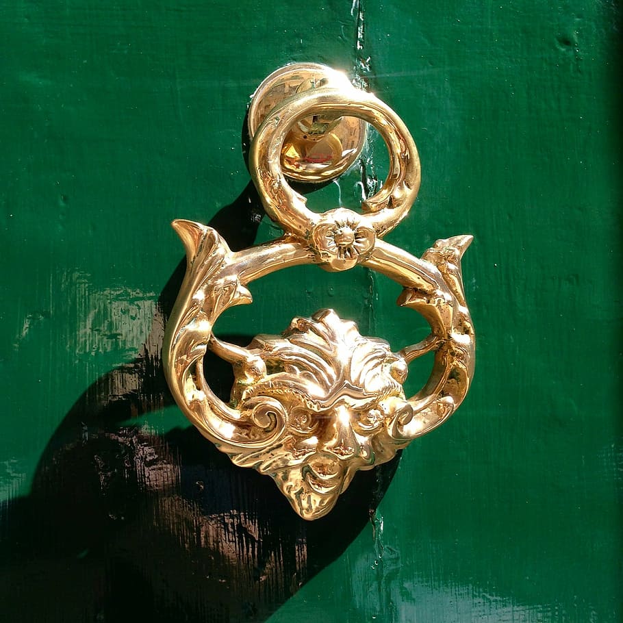 door, knocker, brass, ornate, green, knock, gold colored, art and craft, green color, door knocker
