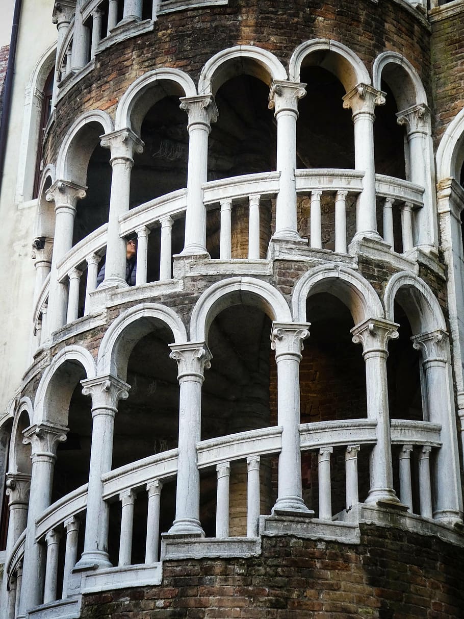 gray, brown, concrete, structures, palazzo contarini del bovolo, venice, stairs, italy, architecture, building