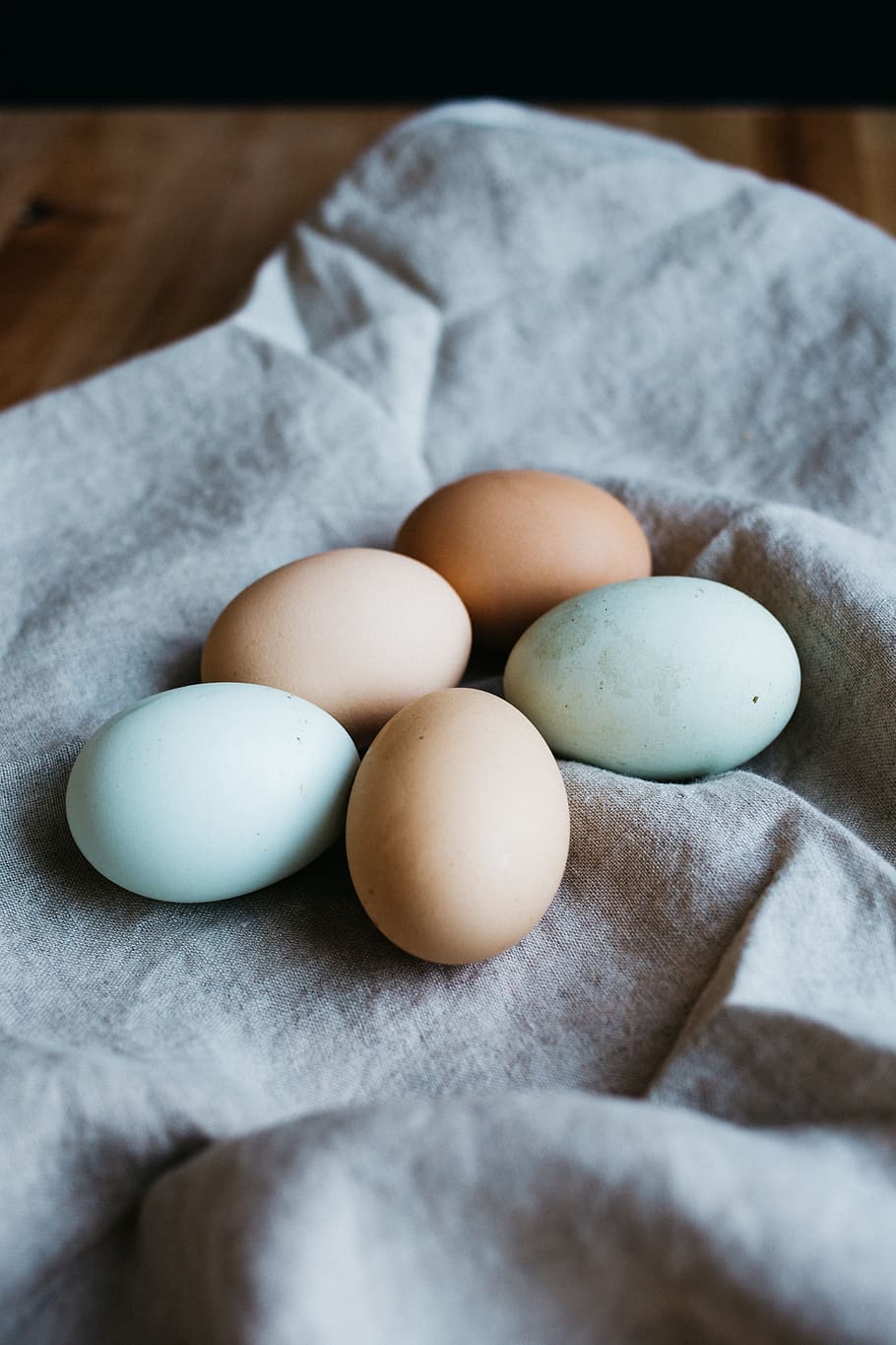 ovos, pano, madeira, mesa, comida, marrom, branco, tranquilo, café da manhã, ovo