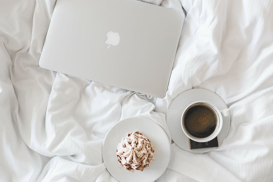 white, ceramic, mug, saucer, coffee, cup, apple, laptop, working, bed