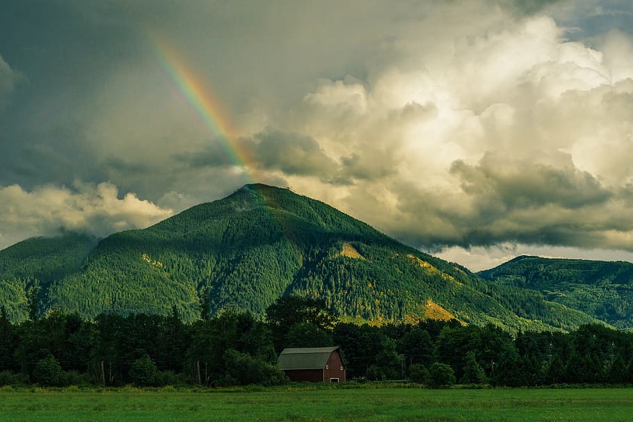 landscape photo, mountain, behind, shed, green, rainbow, photography, mountains, hills, grass
