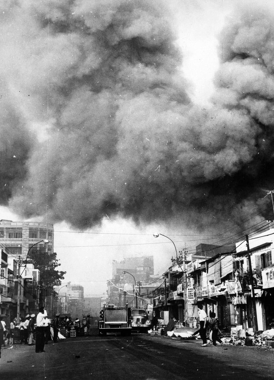 negro, humo, cubiertas, áreas, tet, ofensivo, humo negro, Sài Gòn, ofensiva Tet, guerra de Vietnam