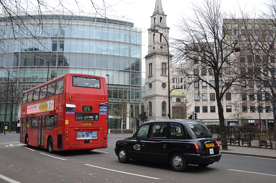 bus, taxi, london, red, black, street, england, snapshot, architecture, city