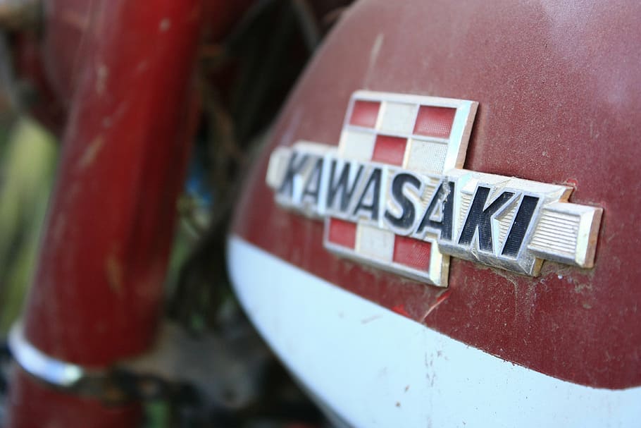 kawasaki, motorcycle, bike, retro, vintage, rustic, old, red, communication, close-up