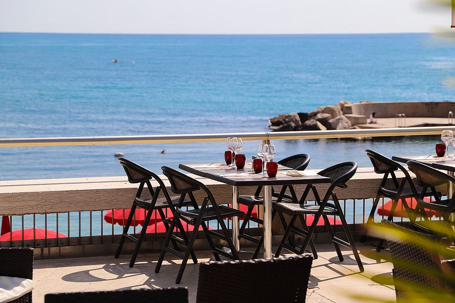 restaurante, almoço, comer, tapete, vinho, vistas, vista, água, mar mediterrâneo, recurso