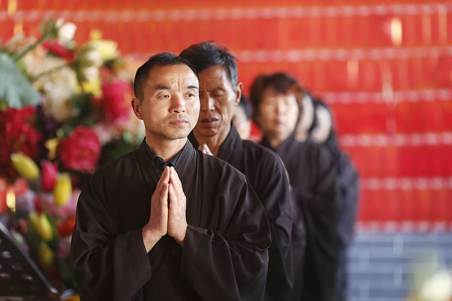 namaste, lay, monastery, zheng guanyin temple, red, adult, group of people, men, portrait, looking at camera