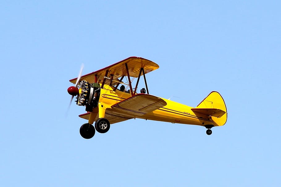 yellow, flying, clear, blue, sky view, ground, daytime, Biplane, Airplane, Plane