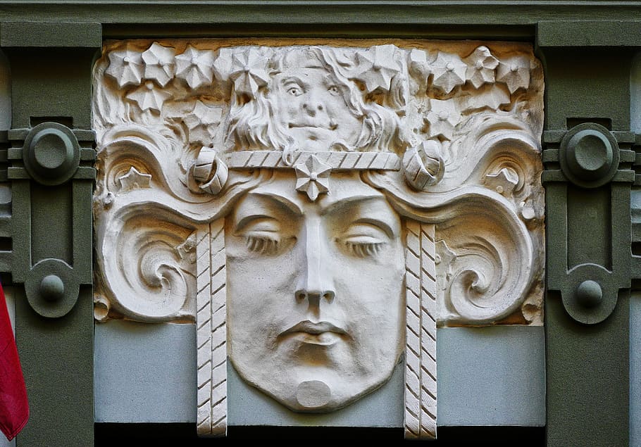 close-up, white, mid-relief art, art nouveau, facade, detail, architecture, house facade, building, old town
