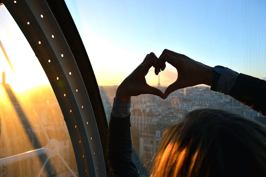 person, showing, hands, forming, heart shape, Paris, Romance, Heart, Girl, Love, Roof