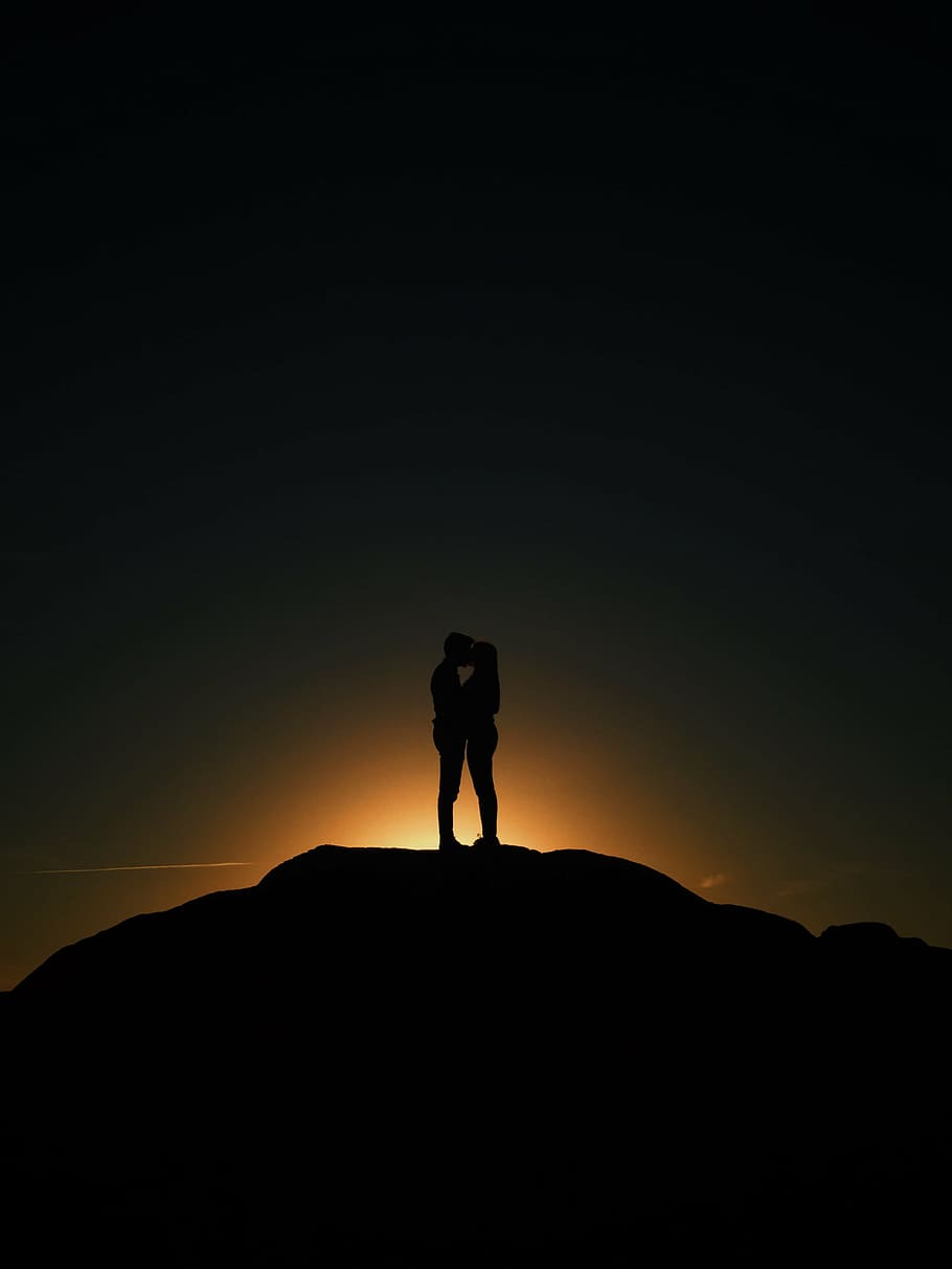 silhouette, couple, top, hill, sunset, view, landscape, highland, peak, people