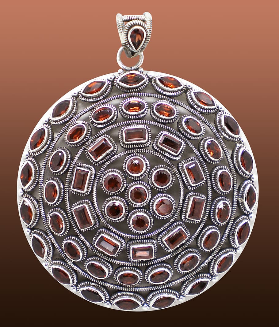 close, round silver, brown, gemstone pendant, close up, gemstone, pendant, garnet, ground, jewellery