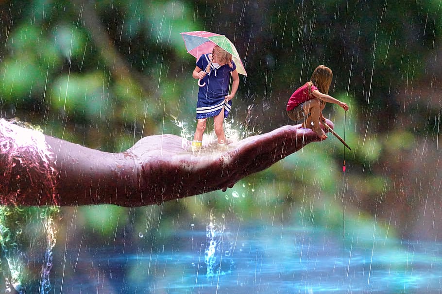 two, children, enjoying, rain, daytime, child, leisure, fishing, mounting, hand