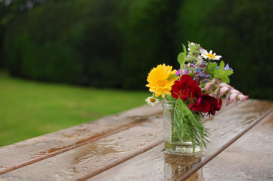 wooden, table, water, rain, colorful, flowers, vase, glass, jar, green