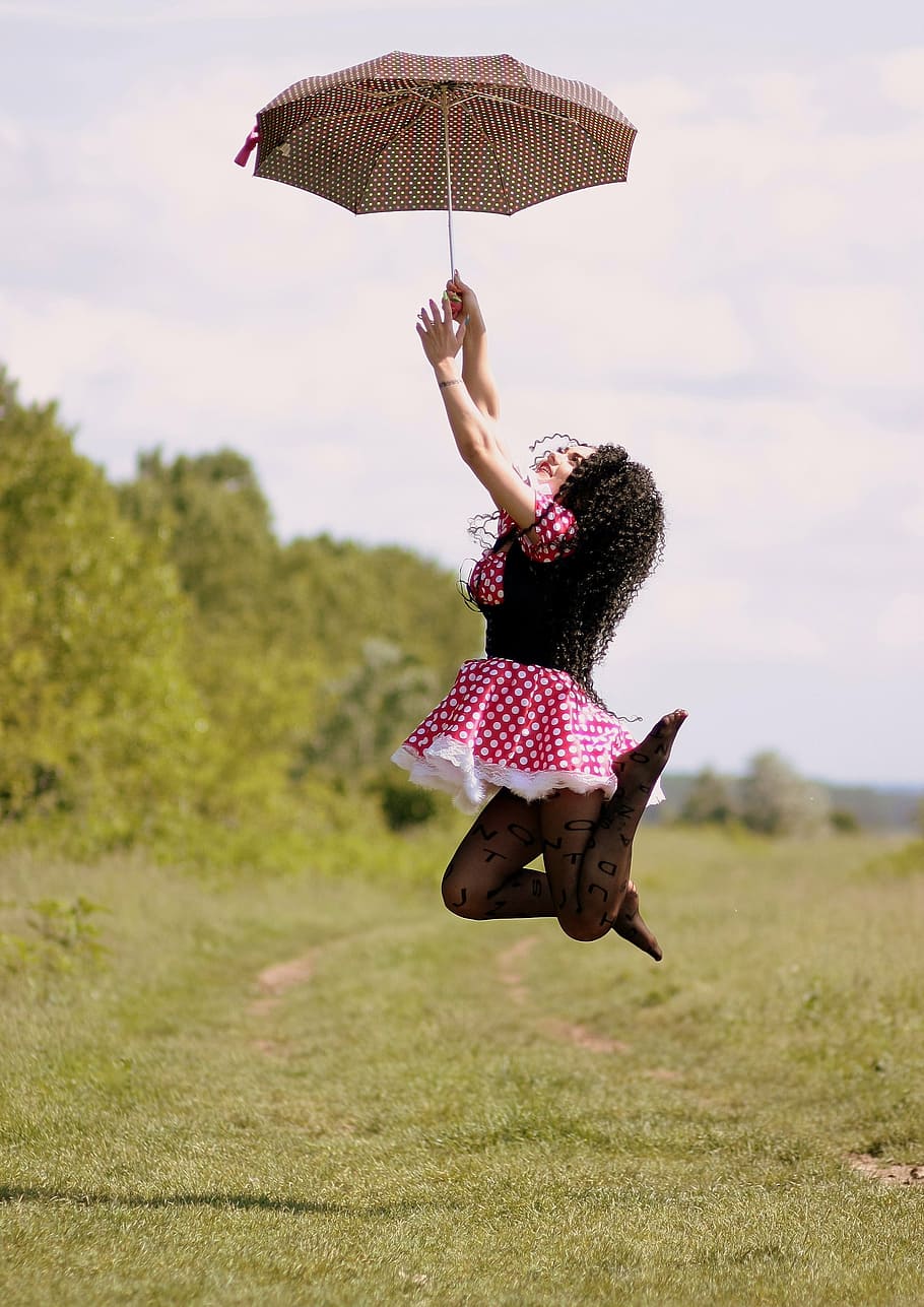 shallow, focus photo, woman, carrying, gray, umbrella, girl, bounce, flight, dress