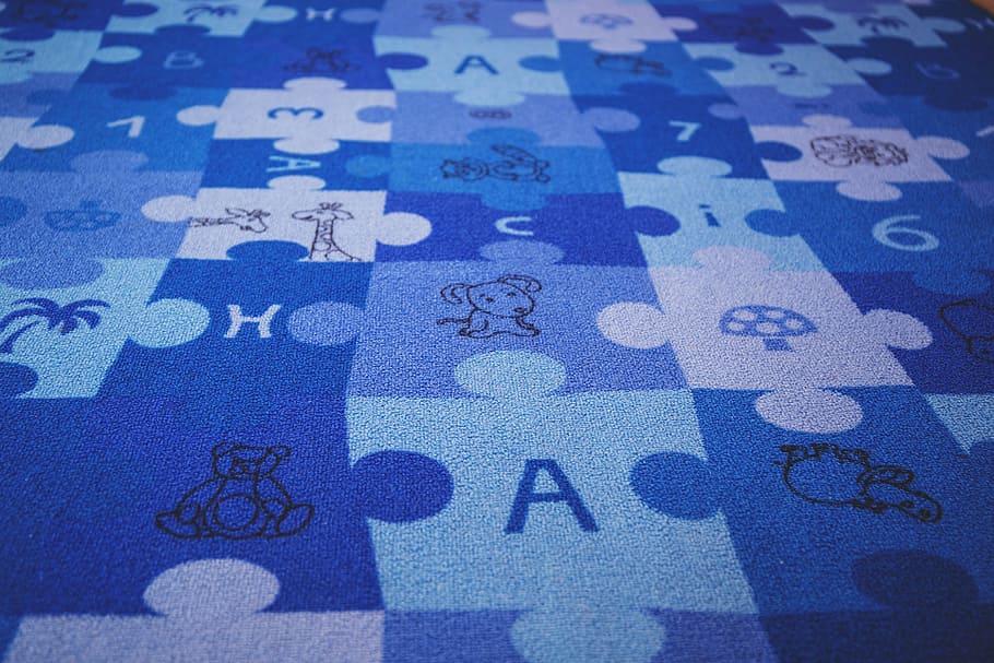 blue, puzzle, carpet, letters, numbers, children, full frame, backgrounds, high angle view, close-up