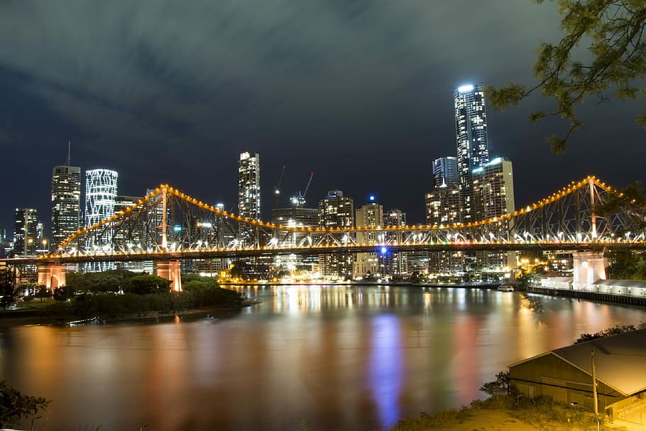 beyond, bridge, Skyline, Brisbane, Queensland, Australia, cityscape, metropolis, night, public domain