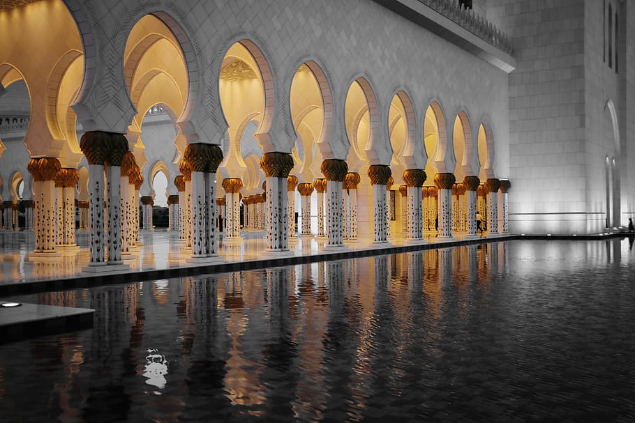 piscina dentro de la mansión, Mezquita Sheikh Zayed, Abu Dhabi, Emiratos Árabes Unidos, árabe, religioso, arquitectura, minarete, mármol, grandioso