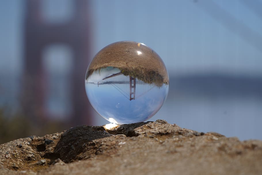 lens ball, golden gate bridge, fog, architecture, california, clouds, crystal ball, reflection, sphere, transparent